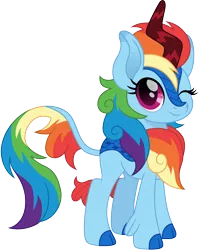 Size: 1208x1500 | Tagged: safe, artist:cloudyglow, derpibooru import, rainbow dash, kirin, cute, dashabetes, female, kirinified, looking at you, movie accurate, one eye closed, simple background, solo, species swap, transparent background, weapons-grade cute, wink