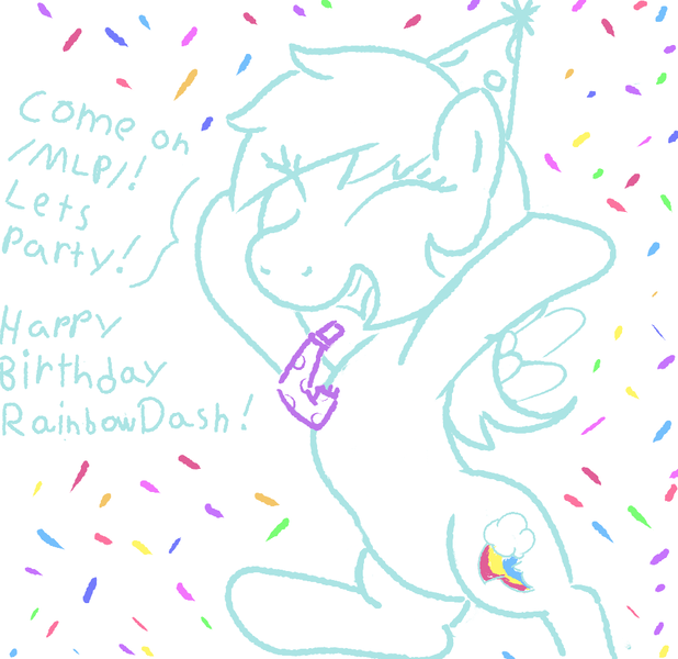 Size: 996x967 | Tagged: safe, artist:notawriteranon, derpibooru import, rainbow dash, pegasus, pony, /mlp/, birthday, confetti, female, hat, lineart, mare, party hat, party horn, rainbow dash day, rainbow dash's birthday, simple background, white background