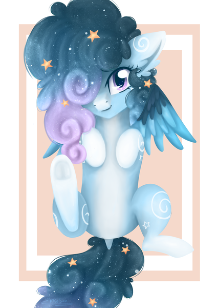 Size: 2480x3508 | Tagged: safe, artist:ekkosan, derpibooru import, oc, oc:stellar constellation, pegasus, pony, commission, dock, ear fluff, ethereal mane, female, frog (hoof), hair over one eye, looking at you, lying down, starry mane, stars, two toned wings, underhoof, wings, ych result