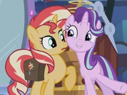 Size: 964x720 | Tagged: safe, artist:memengla, derpibooru import, screencap, starlight glimmer, sunset shimmer, pony, unicorn, equestria girls, mirror magic, spoiler:eqg specials, bag, cropped, cute, duo, female, glimmerbetes, looking at each other, mare, open mouth, photo, raised hoof, saddle bag, smiling, underhoof