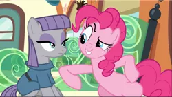 Size: 1667x942 | Tagged: safe, derpibooru import, screencap, maud pie, pinkie pie, earth pony, pony, rock solid friendship, cropped, duo, female, looking at each other, mare, nudge, pie sisters, raised eyebrow, raised hoof, siblings, sisters, sitting, train