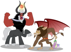 Size: 1045x764 | Tagged: safe, artist:aleximusprime, derpibooru import, lord tirek, princess flurry heart, scorpan, spike, centaur, dragon, gargoyle, pony, flurry heart's story, adult, adult spike, bat wings, brothers, cloven hooves, facial hair, fat spike, female, fight, filly, filly flurry heart, flexing, goatee, gritted teeth, hiding, horns, magic, male, older, older spike, protecting, siblings, simple background, tirek vs scorpan, tirek's revenge, transparent background, winged spike, wings