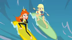 Size: 3498x1967 | Tagged: safe, artist:doraair, artist:user15432, derpibooru import, applejack, human, blue crushed, equestria girls, equestria girls series, surf and/or turf, apple daisy, barefoot, barely eqg related, base used, clothes, crossover, crown, ear piercing, earring, equestria girls style, equestria girls-ified, feet, grin, image, jewelry, looking at each other, mario & sonic, mario & sonic at the olympic games, mario & sonic at the olympic games tokyo 2020, mario and sonic, mario and sonic at the olympic games, nintendo, open mouth, piercing, png, princess daisy, regalia, smiling, super mario bros., surfboard, surfer, surfing, swimsuit, wave, wetsuit