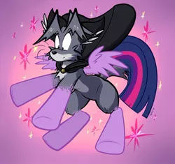 Size: 900x847 | Tagged: safe, artist:virmir, derpibooru import, twilight sparkle, twilight sparkle (alicorn), oc, alicorn, fox, pony, abstract background, cape, cartoon, cartoon physics, clothes, gradient background, male to female, rule 63, sparkles, transformation, transgender transformation