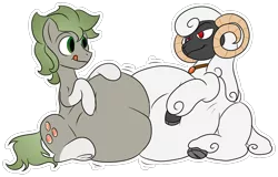 Size: 1259x806 | Tagged: suggestive, artist:teabucket, deleted from derpibooru, derpibooru import, oc, oc:chocolate chip, oc:yonah zolta, unofficial characters only, earth pony, sheep, belly, big belly, fetish, huge belly, impossibly large belly, simple background, transparent background, vore, willing vore