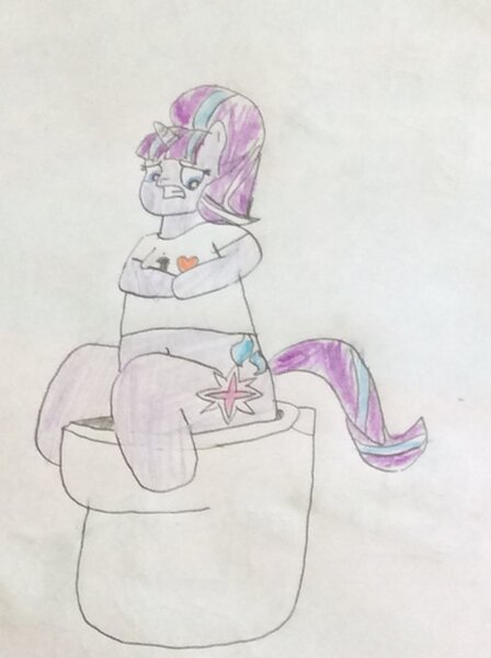 Size: 772x1034 | Tagged: safe, artist:snipiper, derpibooru import, starlight glimmer, pony, unicorn, but why, dialogue, female, mare, poop, pooping, solo, toilet, traditional art