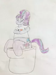 Size: 772x1034 | Tagged: safe, artist:snipiper, derpibooru import, starlight glimmer, pony, unicorn, but why, dialogue, female, mare, poop, pooping, solo, toilet, traditional art