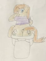 Size: 772x1034 | Tagged: safe, artist:snipiper, derpibooru import, oc, oc:backy, unofficial characters only, earth pony, pony, but why, female, mare, poop, pooping, singing, solo, toilet, traditional art