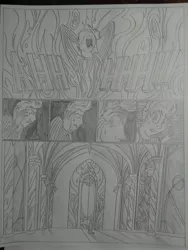 Size: 1944x2592 | Tagged: semi-grimdark, artist:princebluemoon3, author:bigonionbean, derpibooru import, oc, oc:tommy the human, human, comic:the chaos within us, black and white, body horror, canterlot, canterlot castle, clothes, comic, commissioner:bigonionbean, crying, dialogue, drawing, dream, embedded, frightened, grayscale, horrified, human oc, monochrome, night, nightmare, pitch black, scared, screaming, terrified, traditional art