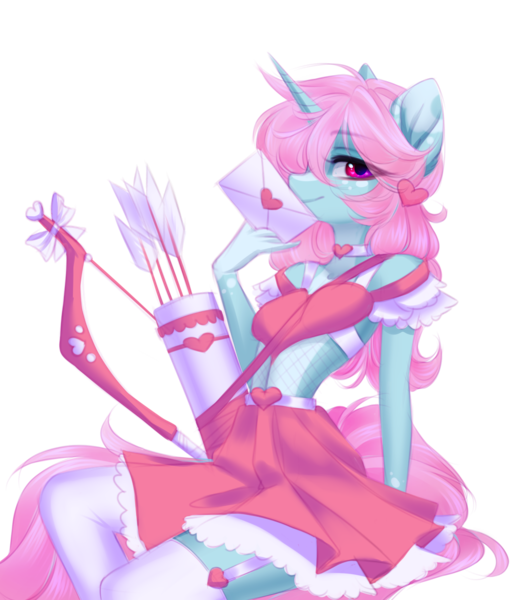 Size: 1784x2097 | Tagged: safe, artist:tomness, derpibooru import, oc, oc:scoops, unofficial characters only, anthro, unicorn, anthro oc, arrow, bow, bow (weapon), bow and arrow, clothes, cute, envelope, female, fishnets, freckles, garter belt, heart, holiday, mare, markings, quiver, simple background, sitting, skirt, socks, solo, stockings, thigh highs, transparent background, valentine's day, valentine's day card, weapon