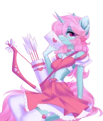 Size: 1784x2097 | Tagged: safe, artist:tomness, derpibooru import, oc, oc:scoops, unofficial characters only, anthro, unicorn, anthro oc, arrow, bow, bow (weapon), bow and arrow, clothes, cute, envelope, female, fishnets, freckles, garter belt, heart, holiday, mare, markings, quiver, simple background, sitting, skirt, socks, solo, stockings, thigh highs, transparent background, valentine's day, valentine's day card, weapon