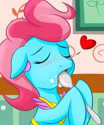 Size: 3000x3600 | Tagged: suggestive, artist:maximussolini, derpibooru import, cup cake, earth pony, pony, the big mac question, apron, blushing, clothes, eyes closed, licking, solo, spoon, tongue out
