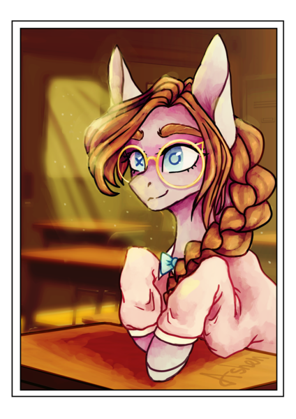 Size: 1600x2263 | Tagged: safe, artist:aineveri, artist:ashen-soul, derpibooru import, oc, oc:anne marie, unofficial characters only, pony, braid, clothes, crepuscular rays, female, glasses, mare, smiling, solo, sweater, wingding eyes