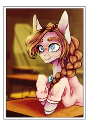 Size: 1600x2263 | Tagged: safe, artist:aineveri, artist:ashen-soul, derpibooru import, oc, oc:anne marie, unofficial characters only, pony, braid, clothes, crepuscular rays, female, glasses, mare, smiling, solo, sweater, wingding eyes