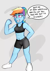 Size: 2508x3541 | Tagged: safe, alternate version, artist:anon_1515, derpibooru import, rainbow dash, human, equestria girls, equestria girls series, abs, abstract background, alternate hairstyle, beautiful, belly button, blue skin, bra, breasts, clenched fist, clothes, delicious flat chest, dialogue, explicit source, eyebrows, female, flexing, gym shorts, humanized, legs, looking at you, muscles, muscular female, ponytail, rainbow flat, rainbuff dash, sexy, shoes, shorts, smiling, speech bubble, sports bra, spread legs, spreading, underwear