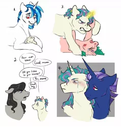 Size: 1280x1346 | Tagged: safe, artist:dolliewings, derpibooru import, oc, oc:fabio, oc:hanky, oc:noteworthy, earth pony, pony, unicorn, blood, blushing, bruised, colt, crying, female, fight, floppy ears, glowing horn, horn, magical lesbian spawn, male, mare, mother and child, mother and son, next generation, offspring, parent:fluttershy, parent:octavia melody, parent:pinkie pie, parent:tempest shadow, parent:twilight sparkle, parent:vinyl scratch, parents:flutterpie, parents:scratchtavia, parents:tempestlight, simple background, speech, speech bubble, stallion, stern, story included, talking, white background