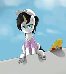 Size: 4055x4540 | Tagged: artist:waffletheheadmare, black hair, black mane, black tail, blue eyes, boots, cap, clothes, cloud, concrete, derpibooru import, female, half-closed eyes, hat, jewelry, mare, mtv, necklace, nike, nike (brand), oc, oc:wafflehead, peace sign, peace symbol, ponytail, safe, shirt, shoes, sitting, skateboard, sky, t-shirt, unofficial characters only, waffle cone, white coat