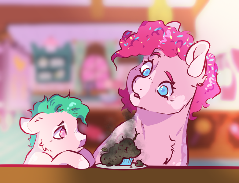 Size: 1113x854 | Tagged: safe, artist:dolliewings, derpibooru import, pinkie pie, oc, oc:hanky, earth pony, pony, alternate hairstyle, bad cooking, blaze (coat marking), burnt, cheek fluff, chest fluff, colt, confetti, confetti in mane, cupcake, dappled, duo, female, floppy ears, food, magical lesbian spawn, male, mare, mother and child, mother and son, offspring, parent:fluttershy, parent:pinkie pie, parents:flutterpie, sad, sugarcube corner