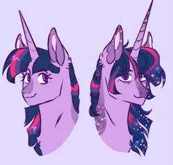 Size: 749x715 | Tagged: safe, artist:dolliewings, derpibooru import, twilight sparkle, pony, alternate hairstyle, blaze (coat marking), bust, chest fluff, coat markings, ear fluff, ethereal mane, eye clipping through hair, female, horn, long horn, looking at you, mare, older, older twilight, purple background, simple background, smiling, solo, starry mane