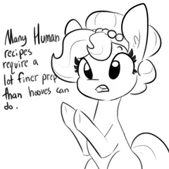 Size: 1080x1080 | Tagged: safe, artist:tjpones, derpibooru import, part of a set, oc, oc:brownie bun, unofficial characters only, earth pony, pony, comic, dialogue, female, mare, monochrome, open mouth, pearl, simple background, solo, underhoof, white background