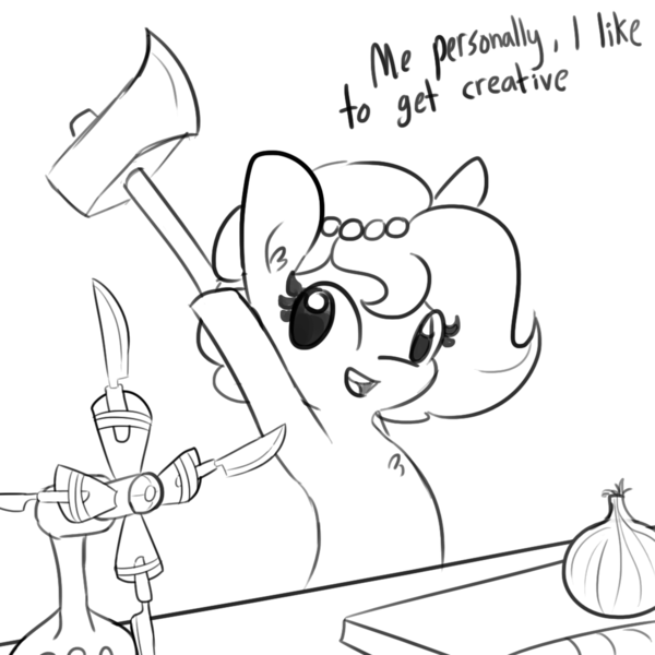 Size: 1080x1080 | Tagged: safe, artist:tjpones, derpibooru import, part of a set, oc, oc:brownie bun, unofficial characters only, earth pony, pony, axe, black and white, chest fluff, comic, dialogue, fan, female, food, grayscale, knife, knife fan, lineart, looking at you, mare, monochrome, onion, open mouth, pearl, simple background, solo, this will end in death, this will end in fire, this will end in tears, this will end in tears and/or death, weapon, white background, xk-class end-of-the-kitchen scenario