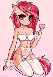 Size: 2760x3934 | Tagged: suggestive, artist:yutakira92, derpibooru import, oc, unofficial characters only, anthro, unicorn, anthro oc, bra, breasts, choker, cleavage, clothes, colored sketch, female, garter belt, gradient background, heart, heart eyes, holiday, kneeling, lingerie, looking at you, mare, panties, pink background, simple background, socks, solo, solo female, stockings, thigh highs, thong, underwear, valentine, valentine's day, white underwear, wingding eyes