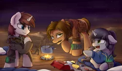 Size: 4905x2880 | Tagged: safe, artist:avastin4, derpibooru import, oc, oc:diana, oc:jason, oc:john, unofficial characters only, earth pony, pony, unicorn, fallout equestria, bag, campfire, camping, clothes, desert, female, floppy ears, hooves, horn, male, mare, mouth hold, night, night sky, open mouth, pipbuck, prone, saddle bag, screwdriver, sky, stallion, standing, stars, vault suit