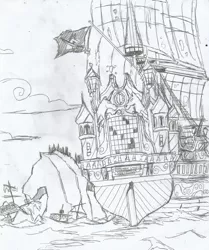 Size: 1680x2012 | Tagged: safe, artist:newman134, derpibooru import, equestria girls, human world, pirate ship, traditional art