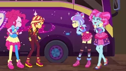 Size: 1920x1080 | Tagged: safe, derpibooru import, screencap, kiwi lollipop, pinkie pie, sunset shimmer, supernova zap, equestria girls, equestria girls series, sunset's backstage pass!, spoiler:eqg series (season 2), arm behind back, bus, clothes, glare, hands on hip, high heels, k-lo, postcrush, raised eyebrow, rivalry, shoes, smiling, smirk, sneakers, su-z