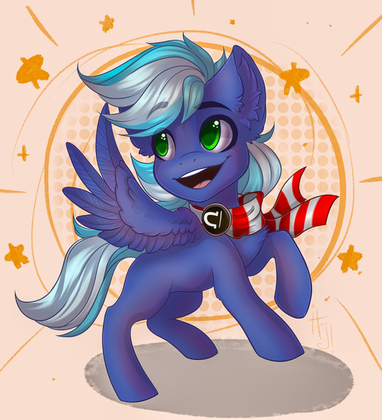 Size: 1600x1762 | Tagged: safe, artist:falafeljake, derpibooru import, oc, oc:moonlight drop, pegasus, pony, chibi, clothes, cute, headphones, male, scarf, smiling, solo