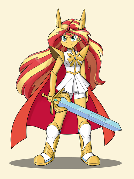 Size: 1200x1600 | Tagged: safe, artist:mew-me, derpibooru import, sunset shimmer, equestria girls, clothes, cosplay, costume, female, she-ra, she-ra and the princesses of power, solo, sword, weapon