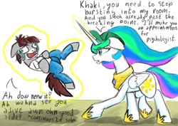 Size: 842x595 | Tagged: safe, artist:khaki-cap, derpibooru import, princess celestia, oc, oc:khaki-cap, alicorn, earth pony, crazy face, cutie mark, digital sketch, earth pony oc, faic, levitation, magic, sad, telekinesis