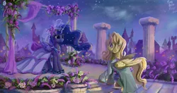 Size: 4096x2160 | Tagged: safe, artist:tinybenz, derpibooru import, princess luna, oc, oc:night finch, alicorn, pony, alicorn oc, canon x oc, canterlot, clothes, dress, female, flower, horn, horn ring, jewelry, lavender, lunafinch, male, mare, marriage, night, night sky, ring, royal wedding, shipping, sky, stallion, starry night, straight, wedding, wedding ring, wings