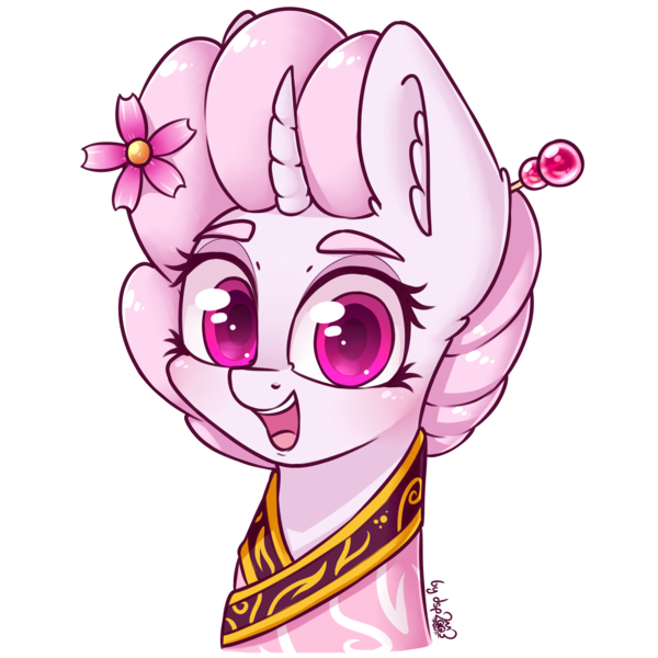 Size: 3072x3072 | Tagged: safe, artist:dsp2003, derpibooru import, oc, oc:sakuragi-san, pony, unicorn, bust, clothes, curved horn, female, flower, flower in hair, horn, kanzashi, looking at you, mare, open mouth, portrait, signature, simple background, transparent background, vaguely asian robe