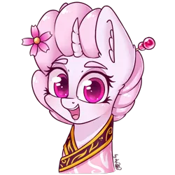 Size: 3072x3072 | Tagged: safe, artist:dsp2003, derpibooru import, oc, oc:sakuragi-san, pony, unicorn, bust, clothes, curved horn, female, flower, flower in hair, horn, kanzashi, looking at you, mare, open mouth, portrait, signature, simple background, transparent background, vaguely asian robe