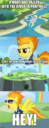 Size: 500x1306 | Tagged: artist needed, safe, artist:j-j-bases, derpibooru import, edit, edited screencap, screencap, vector edit, derpy hooves, spitfire, pegasus, pony, wonderbolts academy, a man has fallen into the river in lego city, caption, comic, derpy being derpy, image macro, lego, lego city, meme, river, screencap comic, text, vector