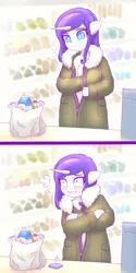 Size: 2508x5022 | Tagged: absolute cleavage, adorasexy, anthro, artist:sigpi, big breasts, blushing, braless, breasts, busty rarity, cleavage, clothes, cute, derpibooru import, female, grocery store, horn, implied nudity, panties, partial nudity, raribetes, rarity, sexy, shopping bag, solo, suggestive, sweat, sweatdrops, underwear