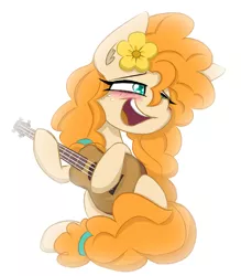 Size: 1953x2232 | Tagged: safe, artist:nekro-led, derpibooru import, pear butter, earth pony, pony, blurred background, cute, flower, flower in hair, guitar, musical instrument, open mouth, shading, simple background, sitting, white background