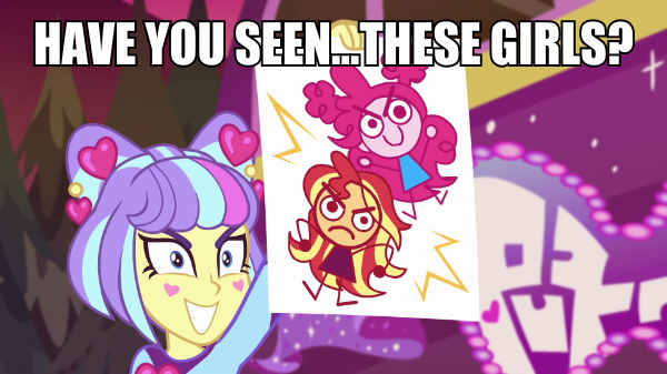 Size: 600x337 | Tagged: safe, derpibooru import, edit, edited screencap, screencap, pinkie pie, sunset shimmer, supernova zap, equestria girls, equestria girls series, sunset's backstage pass!, spoiler:eqg series (season 2), caption, drawing, hall monitor, image macro, meme, spongebob squarepants, supernova zap holding paper, text