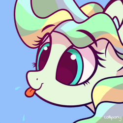 Size: 670x670 | Tagged: safe, artist:lollipony, derpibooru import, part of a set, vapor trail, pegasus, pony, :p, animated, blue background, bust, cute, ear fluff, female, gif, mare, pbbtt, portrait, raspberry, silly, silly pony, simple background, solo, spit, tongue out, vaporbetes