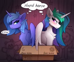 Size: 2100x1757 | Tagged: safe, artist:yakovlev-vad, derpibooru import, princess celestia, princess luna, alicorn, pony, ..., :t, acting like a mare, angry, back to back, blushing, box, cardboard box, chest fluff, duo, female, if i fits i sits, looking at each other, looking back, mare, pony in a box, pouting, royal sisters, s1 luna, sibling rivalry, siblings, sisters, speech bubble, this side up, thought bubble