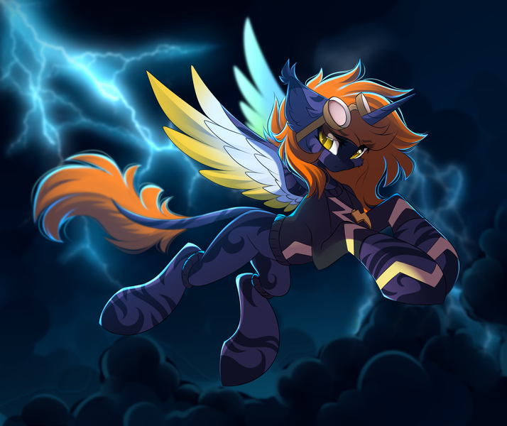 Size: 3333x2802 | Tagged: alicorn, alicorn oc, artist:airiniblock, cloud, commission, dark clouds, dark sky, derpibooru import, high res, horn, lightning, oc, safe, solo, unofficial characters only, wings