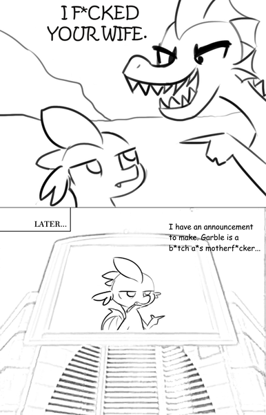 Size: 1388x2160 | Tagged: suggestive, artist:tjpones, derpibooru import, garble, spike, doctor eggman, grayscale, implied infidelity, implied sex, lineart, male, monochrome, real-time fandub, shadow the hedgehog, snapcube, sonic adventure 2, sonic the hedgehog (series), vulgar