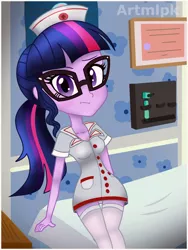 Size: 1800x2389 | Tagged: safe, artist:artmlpk, derpibooru import, sci-twi, twilight sparkle, equestria girls, adorable face, adorkable, alternate hairstyle, bed, blushing, breasts, cleavage, clothes, costume, cute, design, digital art, diploma, dork, female, hat, hospital, hospital bed, looking at you, nurse, nurse hat, nurse outfit, outfit, poster, room, socks, solo, twiabetes