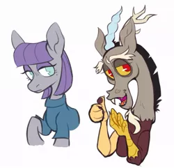 Size: 911x877 | Tagged: safe, artist:occultusion, derpibooru import, discord, maud pie, draconequus, earth pony, pony, clothes, cute, discute, dress, duo, duo male and female, female, looking at you, male, mare, maudabetes, open mouth, raised hoof, simple background, smiling, smiling at you, thumbs up, white background