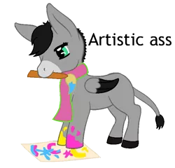 Size: 647x622 | Tagged: artist:chili19, clothes, derpibooru import, donkey, female, hybrid, mouth drawing, mouth hold, oc, oc:chili, painting, pun, safe, scarf, simple background, solo, text, transparent background, unofficial characters only, wings