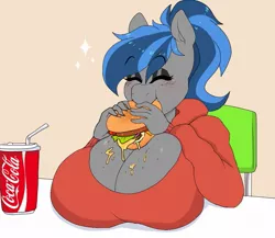 Size: 1151x1000 | Tagged: anthro, artist:littlebibbo, big breasts, blushing, boob freckles, breasts, burger, chest freckles, cleavage, clothes, coca-cola, derpibooru import, drink, eating, eyes closed, female, food, freckles, hamburger, happy, hoodie, huge breasts, mare, messy eating, oc, oc:bibbo, pegasus, sitting, smiling, solo, solo female, suggestive, unofficial characters only