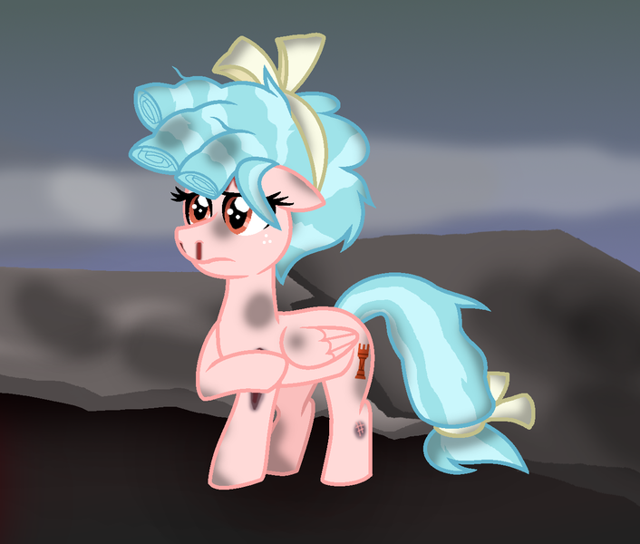 Size: 1320x1122 | Tagged: semi-grimdark, artist:alexeigribanov, derpibooru import, cozy glow, pegasus, pony, blood, bruised, cozy glow is not amused, cozybuse, dirt, female, filly, freckles, hairband, messy mane, mud, nosebleed, raised hoof, solo