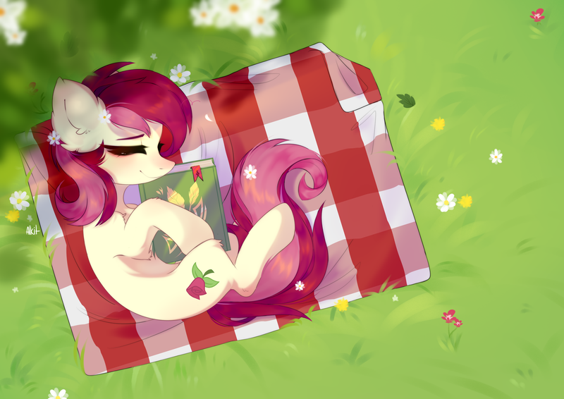 Size: 3508x2480 | Tagged: safe, artist:alkit_is_not_me, derpibooru import, roseluck, earth pony, pony, book, cute, cuteluck, ear fluff, eyes closed, female, flower, flower in hair, high res, leg fluff, mare, outdoors, picnic blanket, rose, side, sleeping, smiling, solo