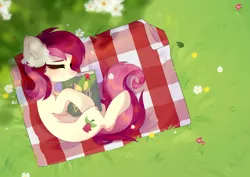 Size: 3508x2480 | Tagged: safe, artist:alkit_is_not_me, derpibooru import, roseluck, earth pony, pony, book, cute, cuteluck, ear fluff, eyes closed, female, flower, flower in hair, high res, leg fluff, mare, outdoors, picnic blanket, rose, side, sleeping, smiling, solo
